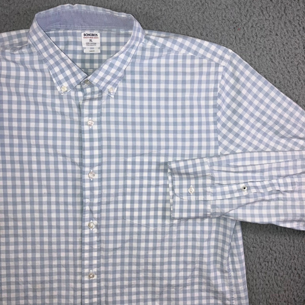 BONOBOS Slim Fit Button Down Shirt Men XL Gingham Plaid Cotton Long Sleeve